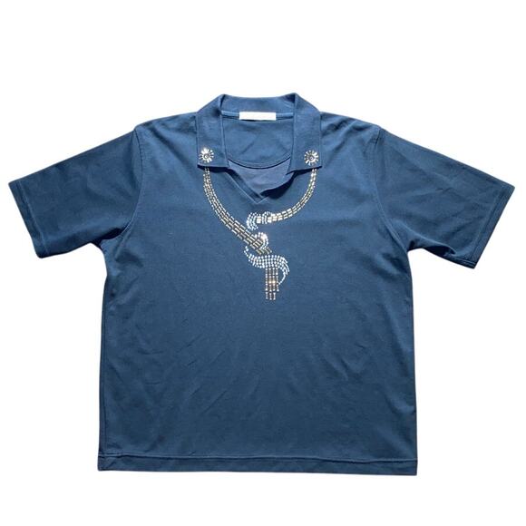 Bedazzled Sun Snake Egyptian Vibes Short Sleeve Port Authority Neck Detail Gold - Picture 2 of 11